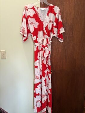 Red & White Floral Wrap Maxi Dress